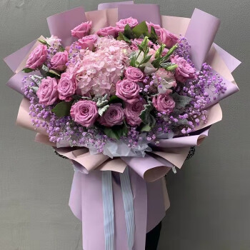 冉子花坊鲜花速递香槟玫瑰百合混搭花束送长辈女友生日礼物全国同城配送韩式紫玫瑰绣球混搭花束	